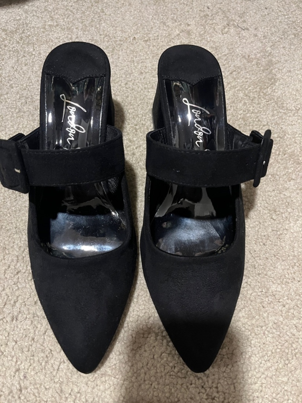 Black Pointed Suede Mule with Buckle Strap